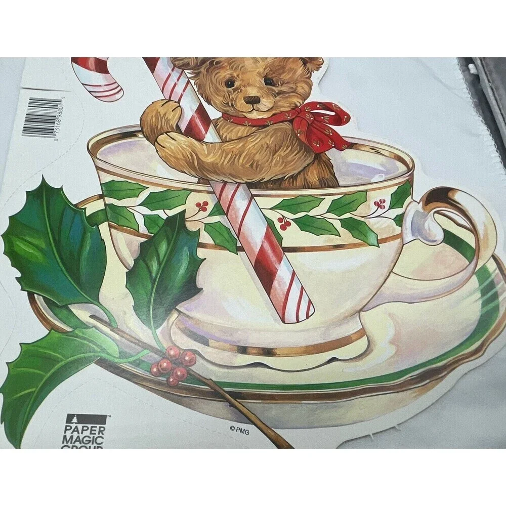 Vintage 2 Paper Magic Group Candy Cane Bear In Tea Cup Christmas Decoration 10”
